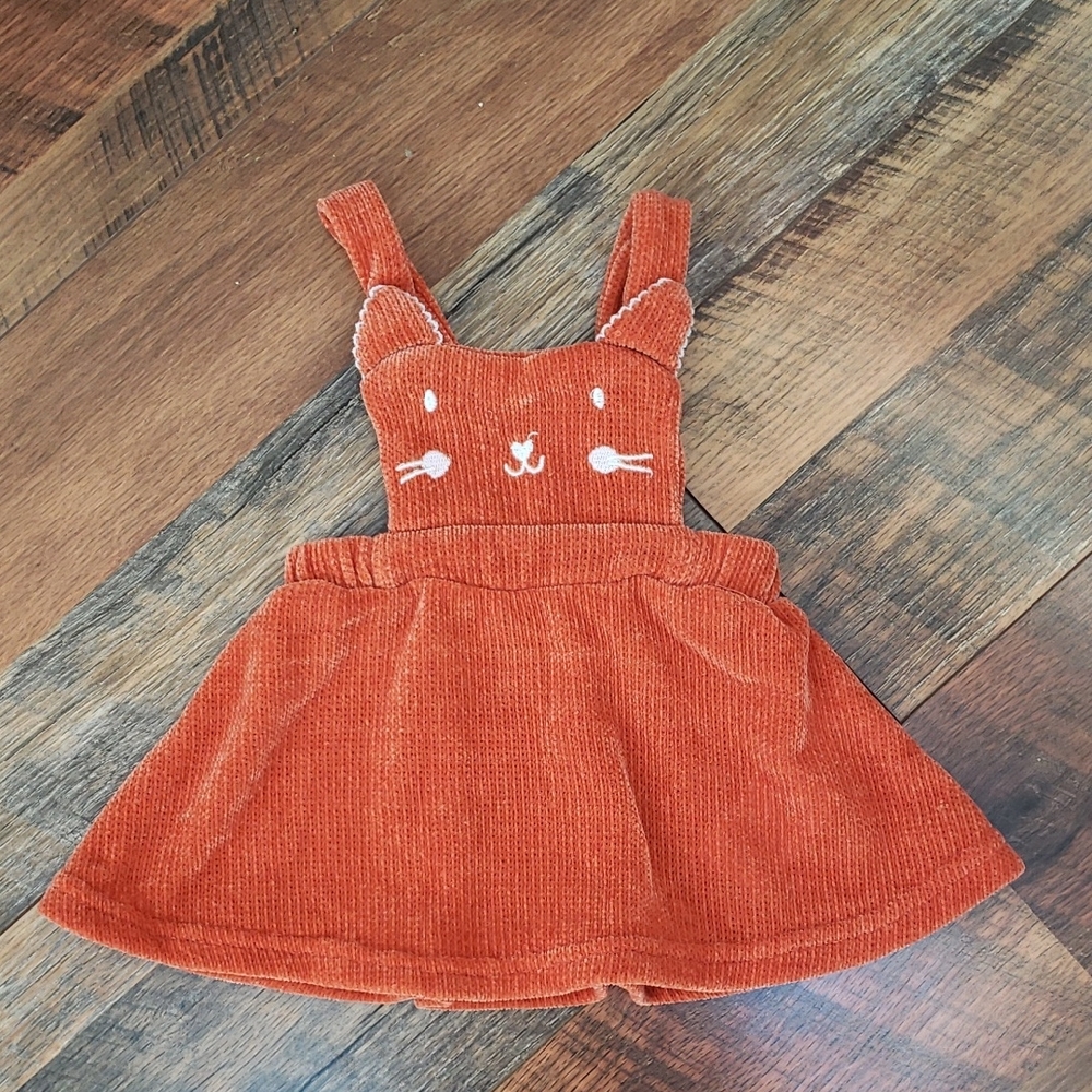 Tahari Orange Chenille Overall Dress With Embroidered Cat Face, Size 3-6 Months